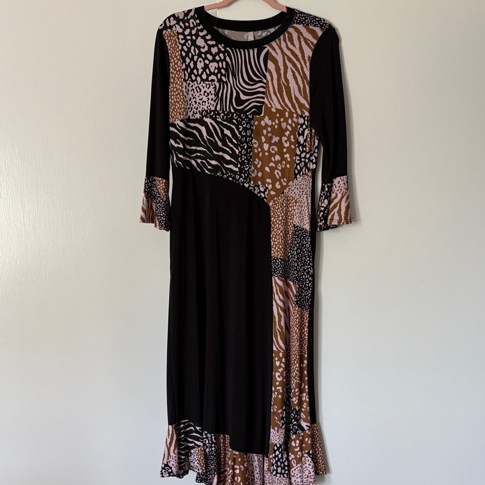 Celeste Black and Brown Patchwork Long Sleeve Dress